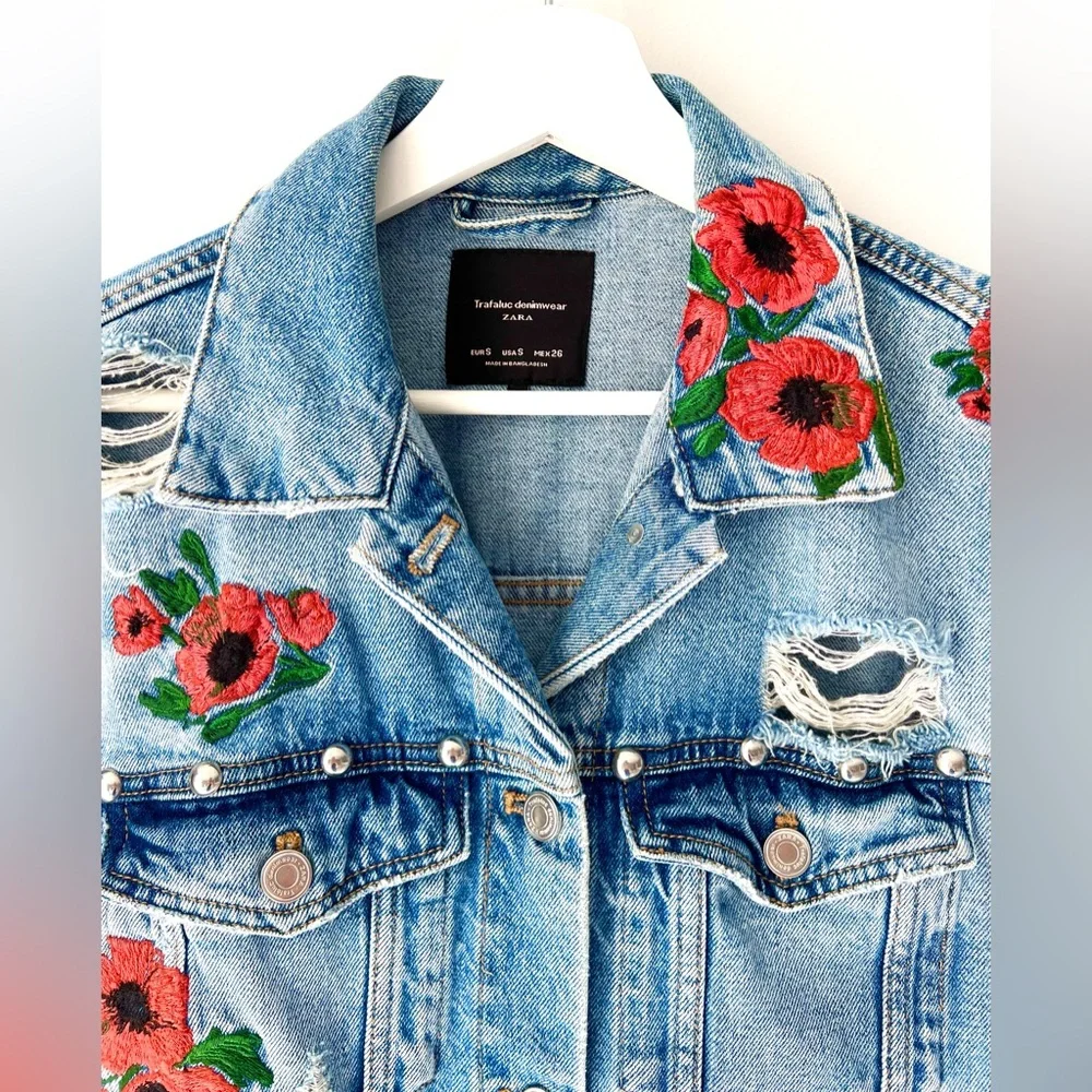 ZARA Trafaluc Denim Jacket – Embroidered Floral, Distressed, Rare! - Picture 5 of 8
